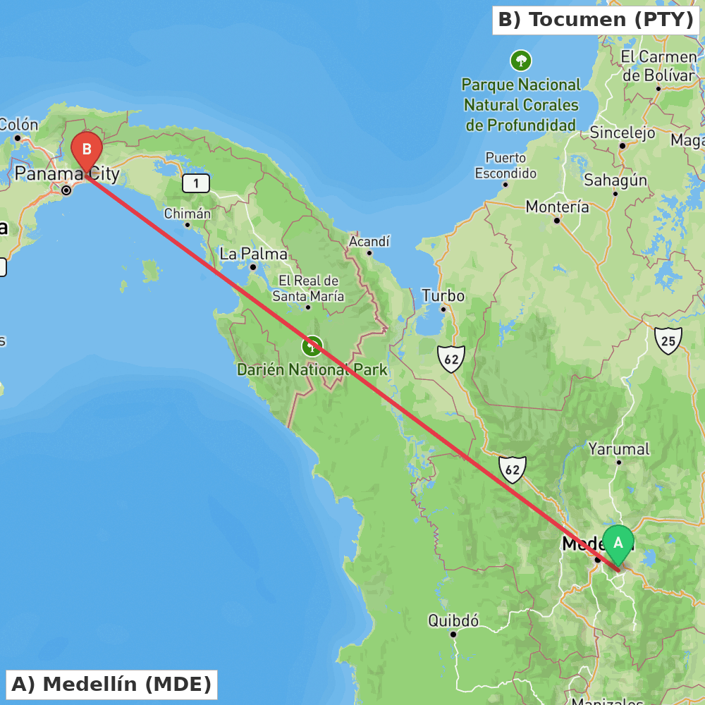 Flight route map from Medellín to Tocumen
