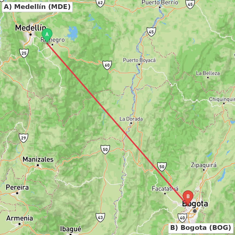 Flight route map from Medellín to Bogota