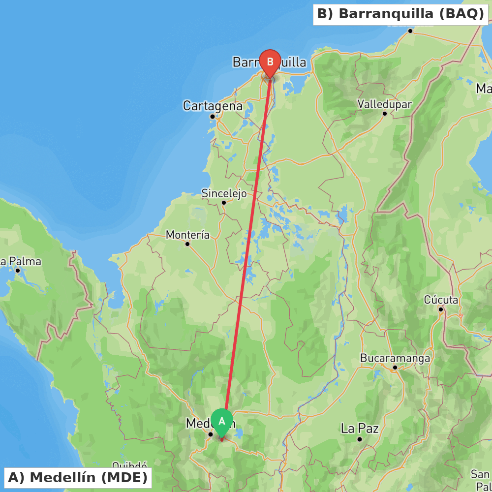 Flight route map from Medellín to Barranquilla