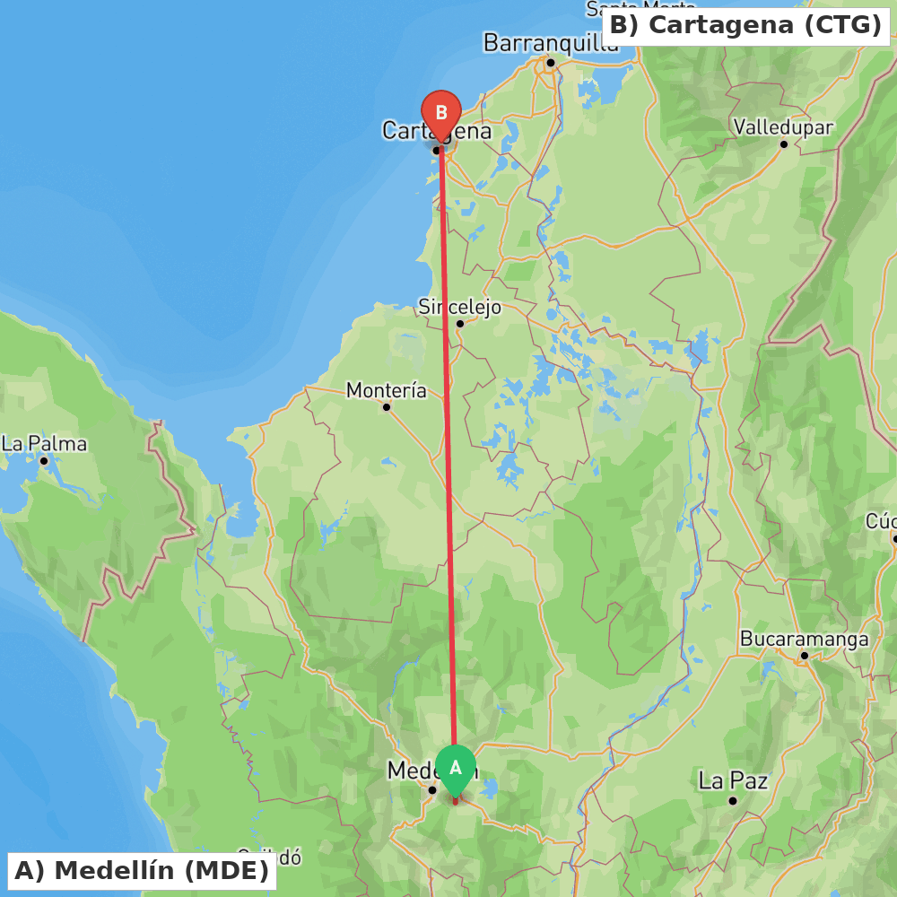 Flight route map from Medellín to Cartagena
