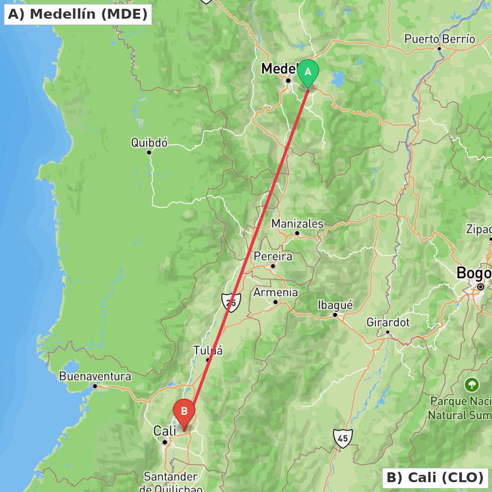 Flight route map from Medellín to Cali