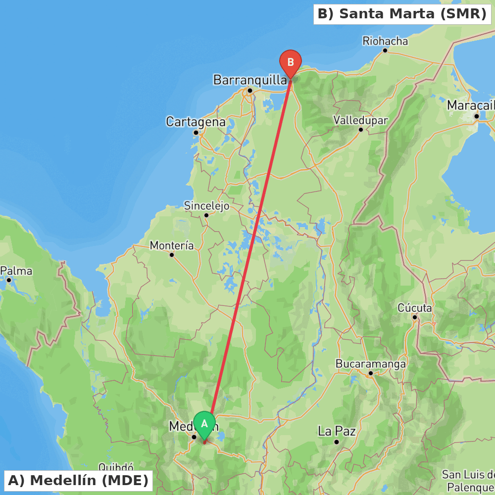 Flight route map from Medellín to Santa Marta