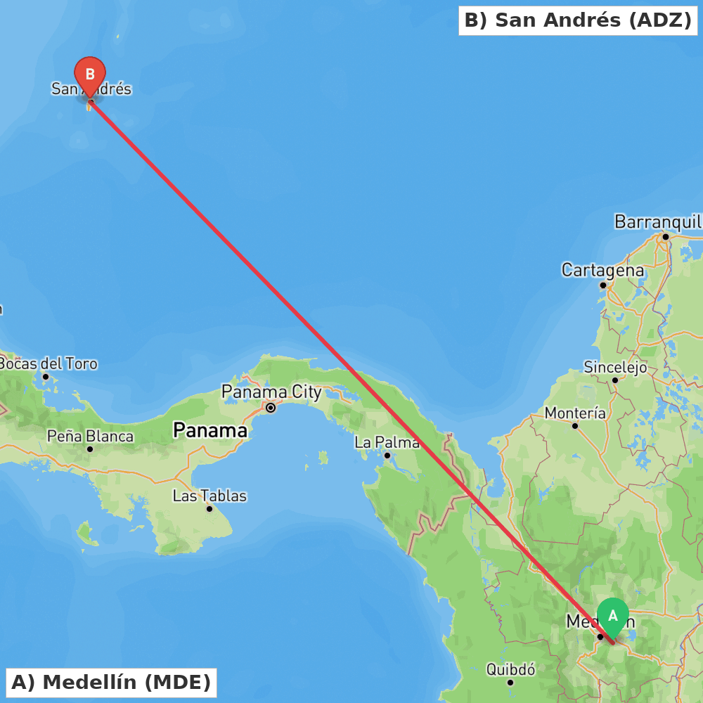 Flight route map from Medellín to San Andrés
