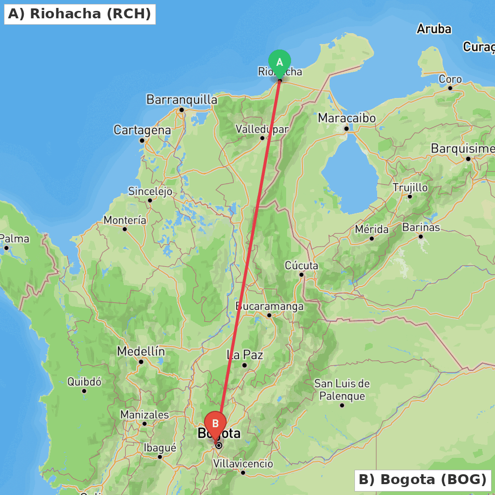 Flight route map from Riohacha to Bogota