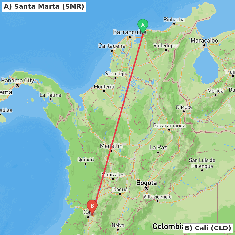 Flight route map from Santa Marta to Cali