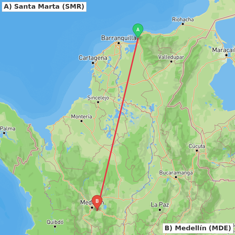 Flight route map from Santa Marta to Medellín