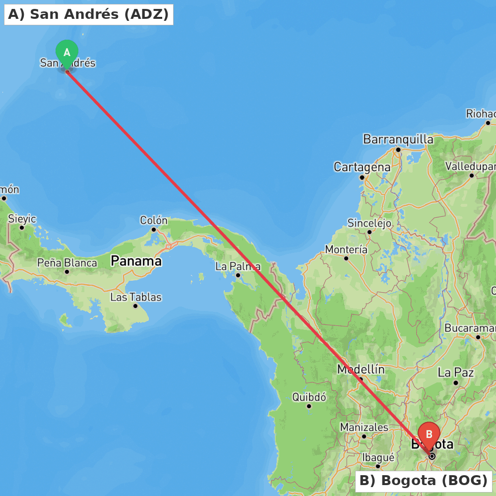 Flight route map from San Andrés to Bogota