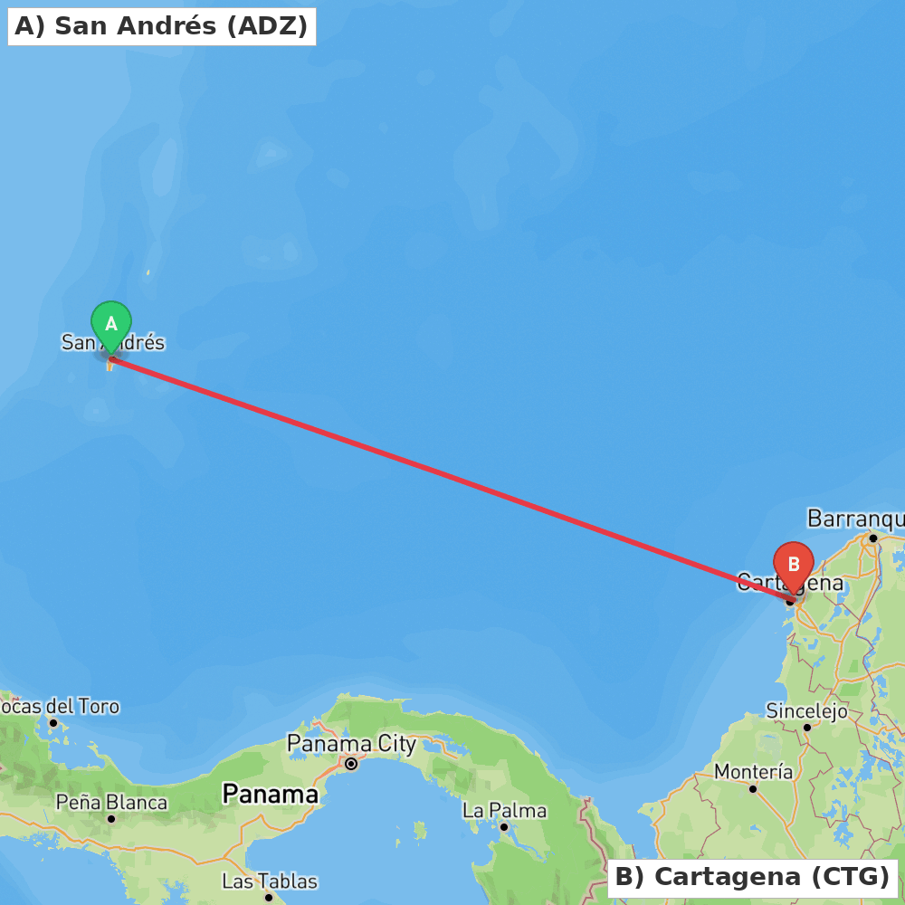 Flight route map from San Andrés to Cartagena