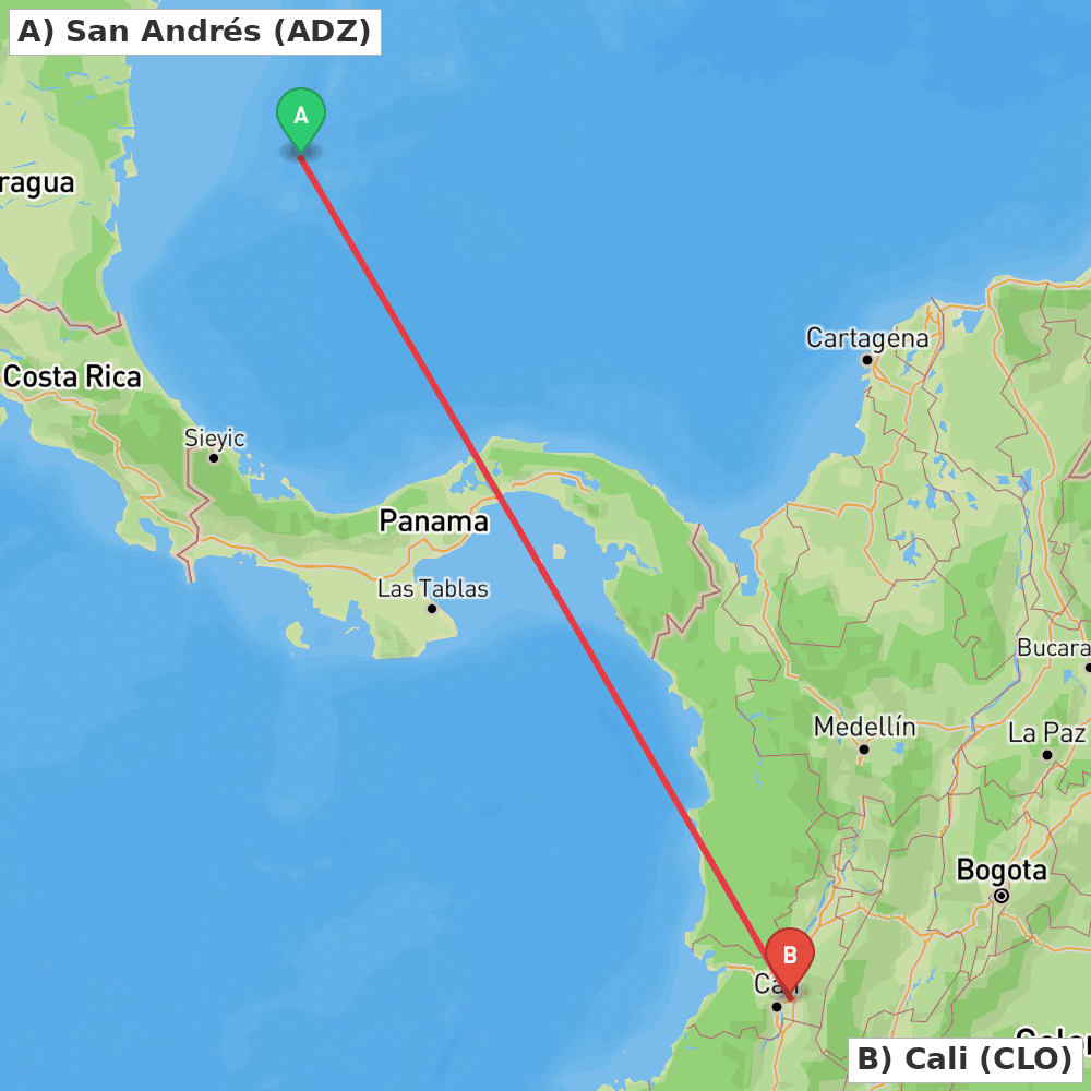 Flight route map from San Andrés to Cali