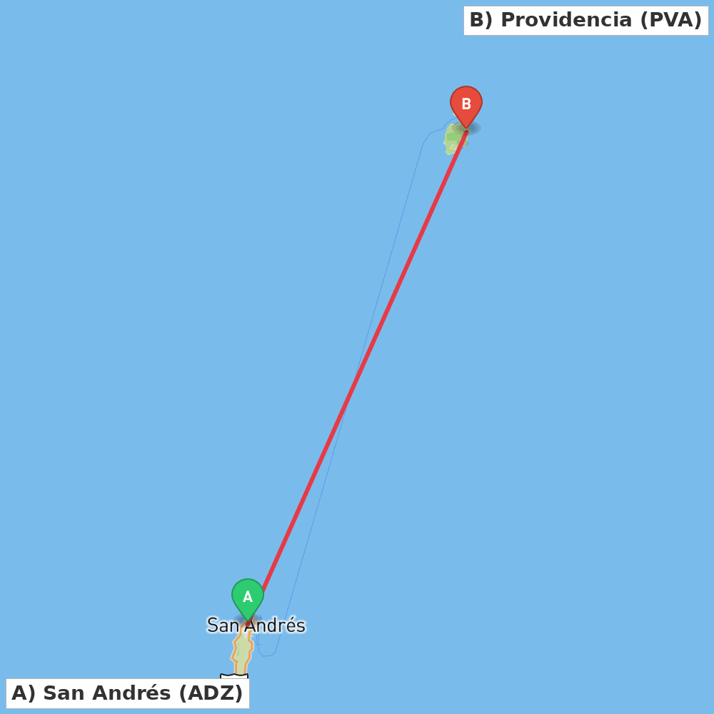 Flight route map from San Andrés to Providencia