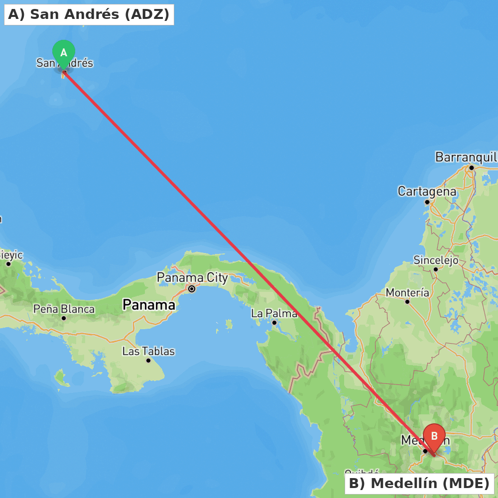 Flight route map from San Andrés to Medellín