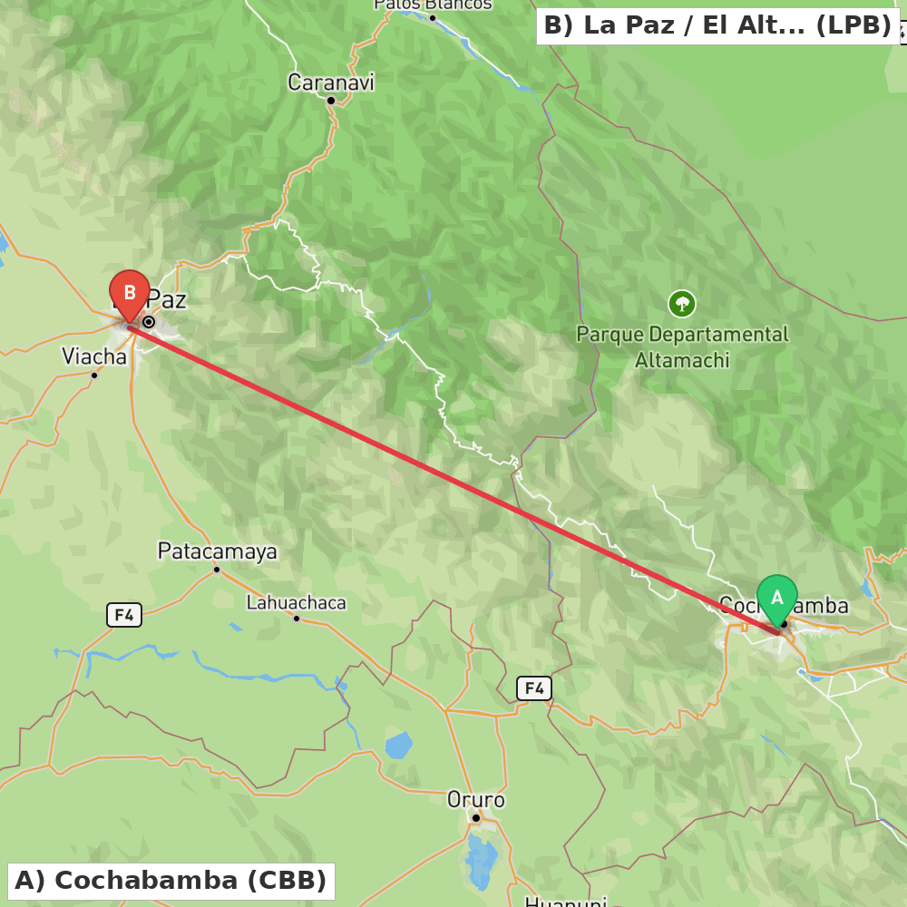Flight route map from Cochabamba to La Paz / El Alto