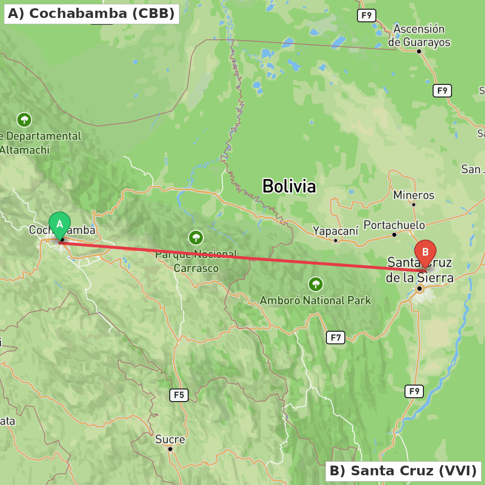 Flight route map from Cochabamba to Santa Cruz