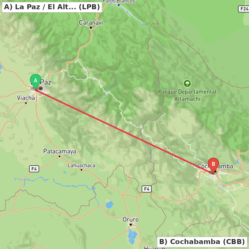 Flight route map from La Paz / El Alto to Cochabamba