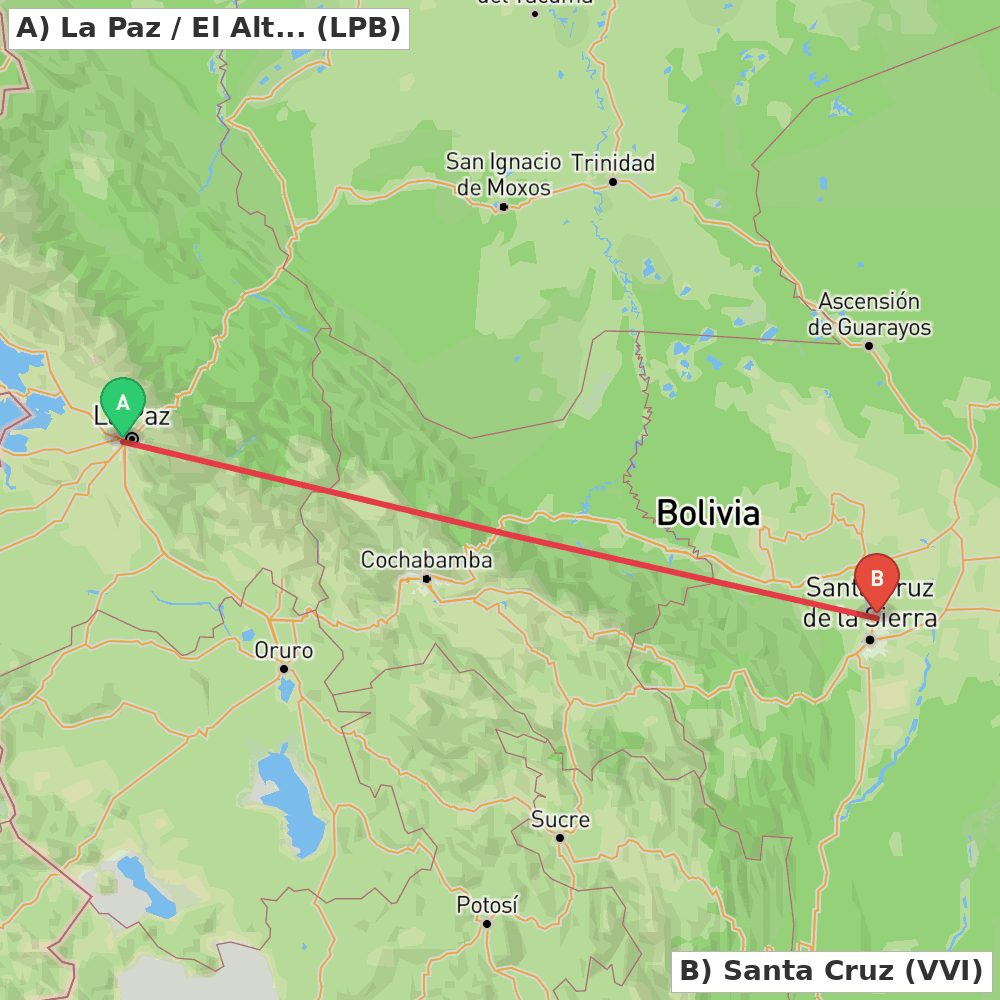 Flight route map from La Paz / El Alto to Santa Cruz