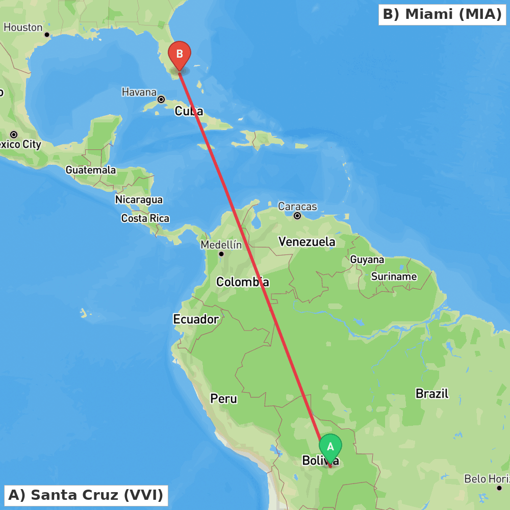 Flight route map from Santa Cruz to Miami