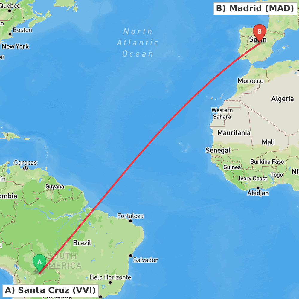 Flight route map from Santa Cruz to Madrid