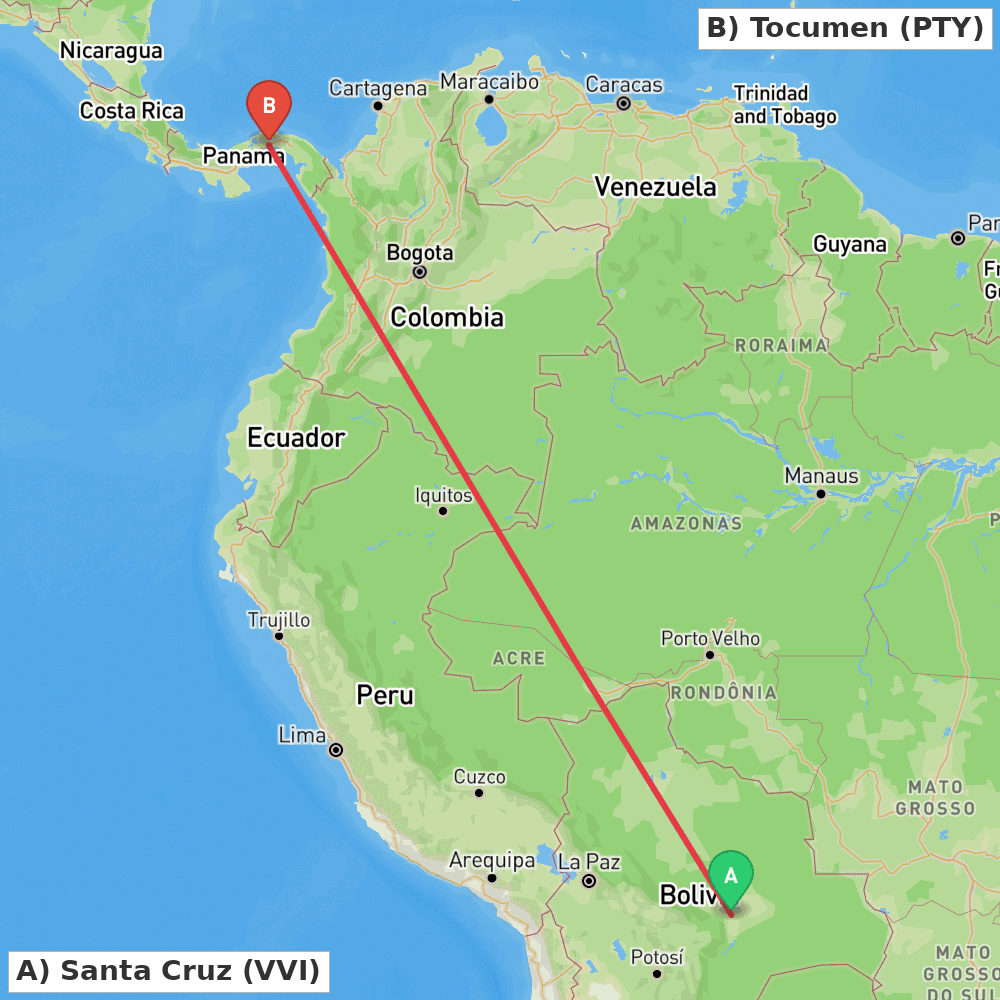 Flight route map from Santa Cruz to Tocumen