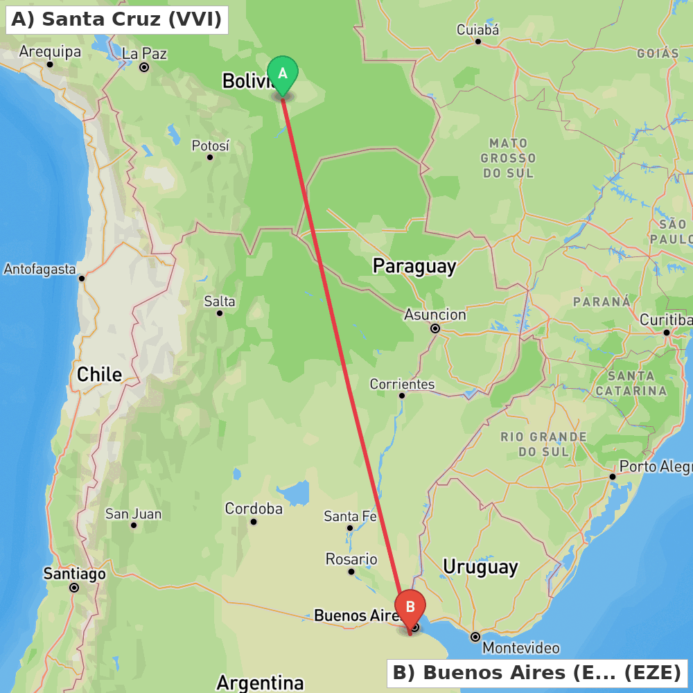 Flight route map from Santa Cruz to Buenos Aires (Ezeiza)