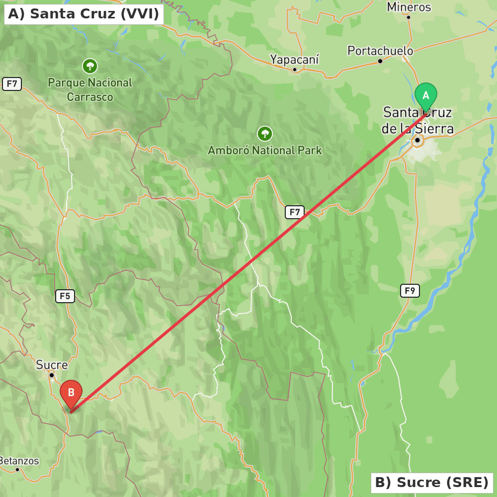 Flight route map from Santa Cruz to Sucre