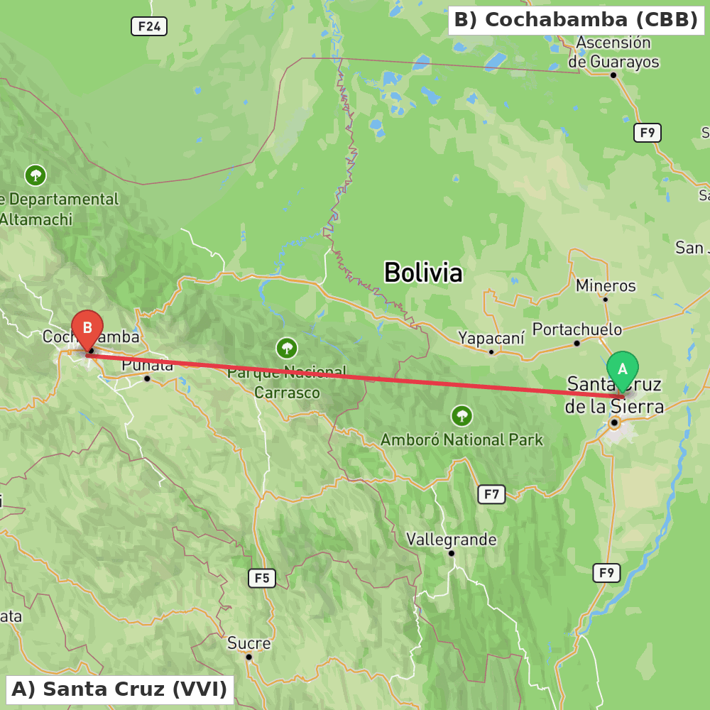 Flight route map from Santa Cruz to Cochabamba