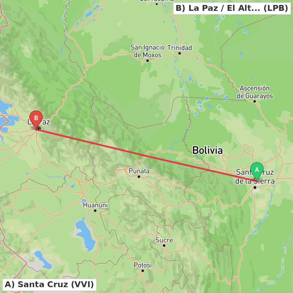 Flight route map from Santa Cruz to La Paz / El Alto