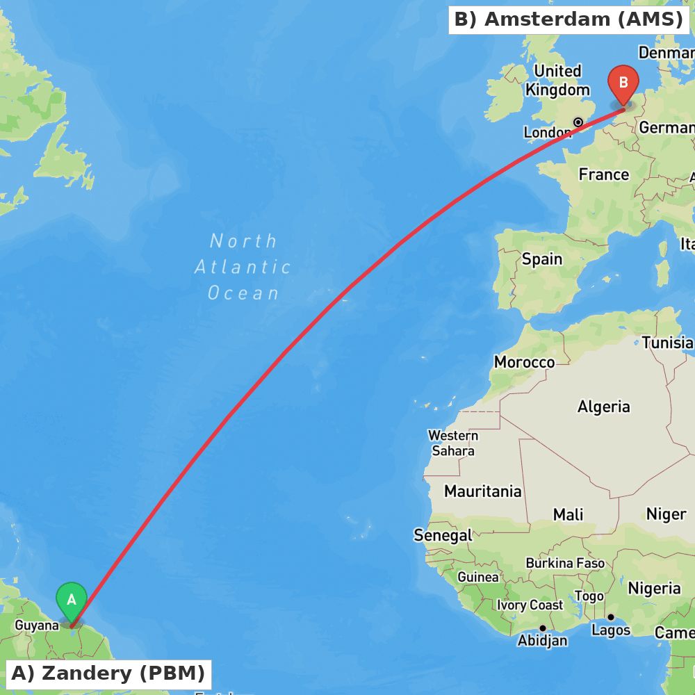Flight route map from Zandery to Amsterdam