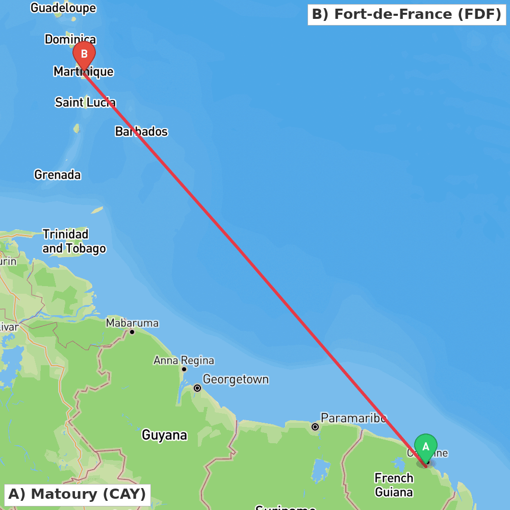 Flight route map from Matoury to Fort-de-France