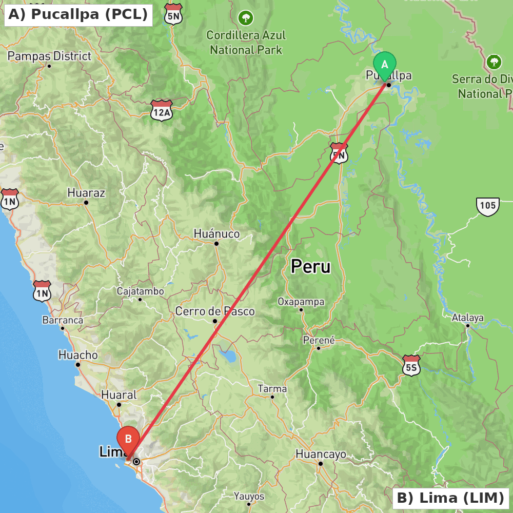 Flight route map from Pucallpa to Lima