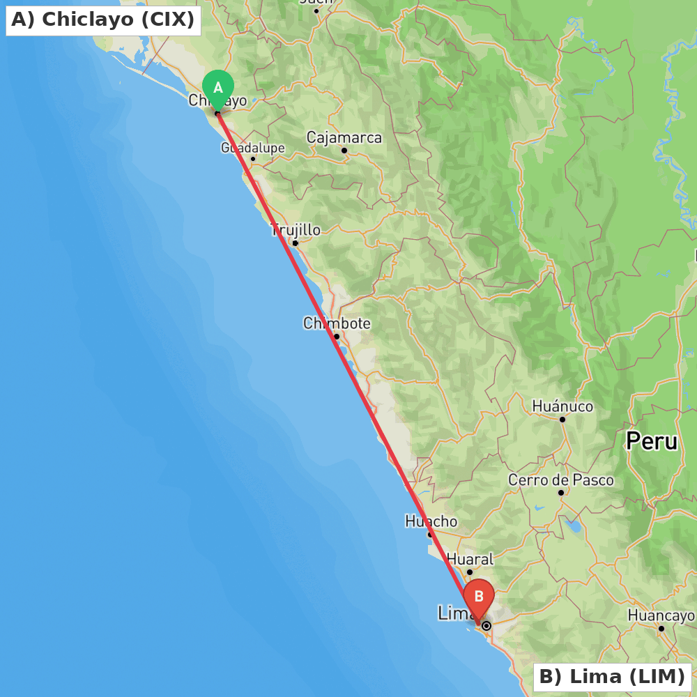 Flight route map from Chiclayo to Lima