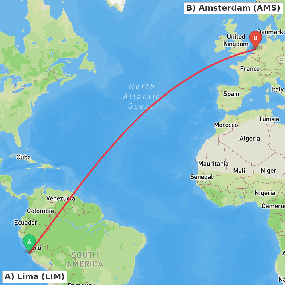 Flight route map from Lima to Amsterdam
