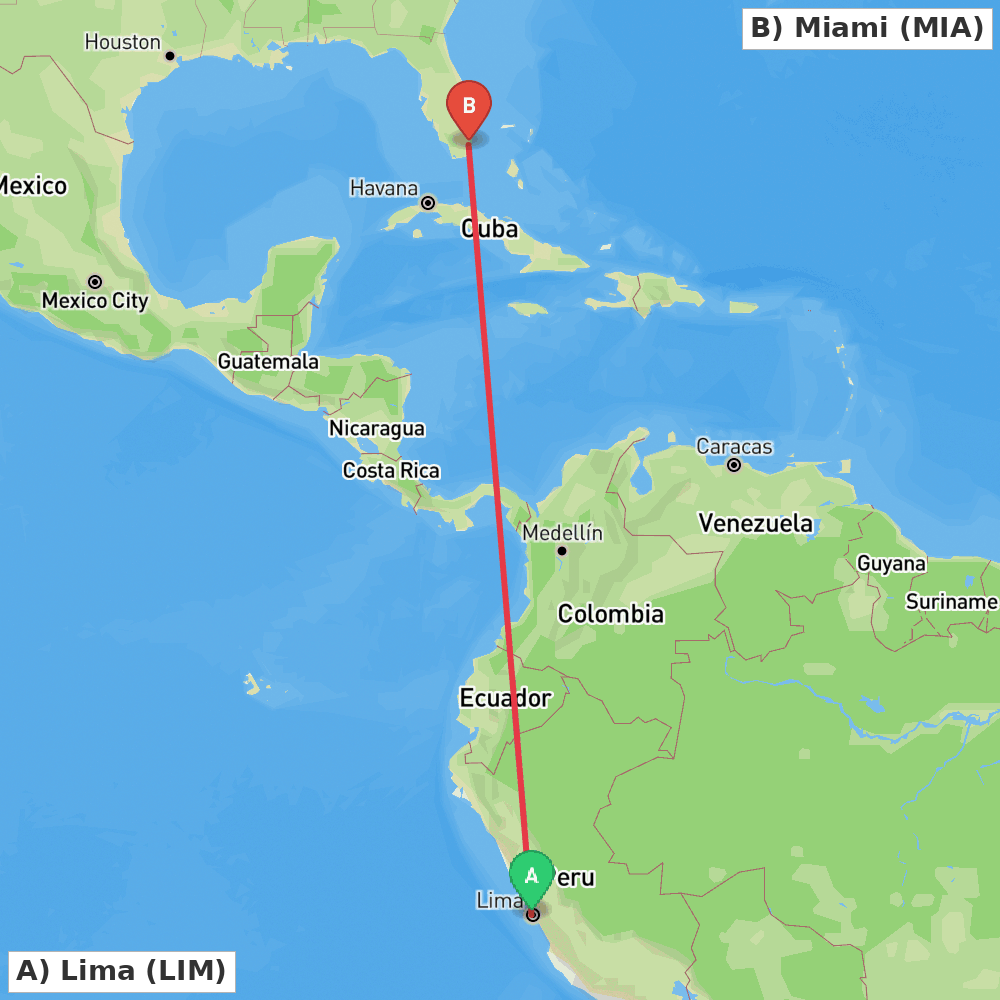 Flight route map from Lima to Miami