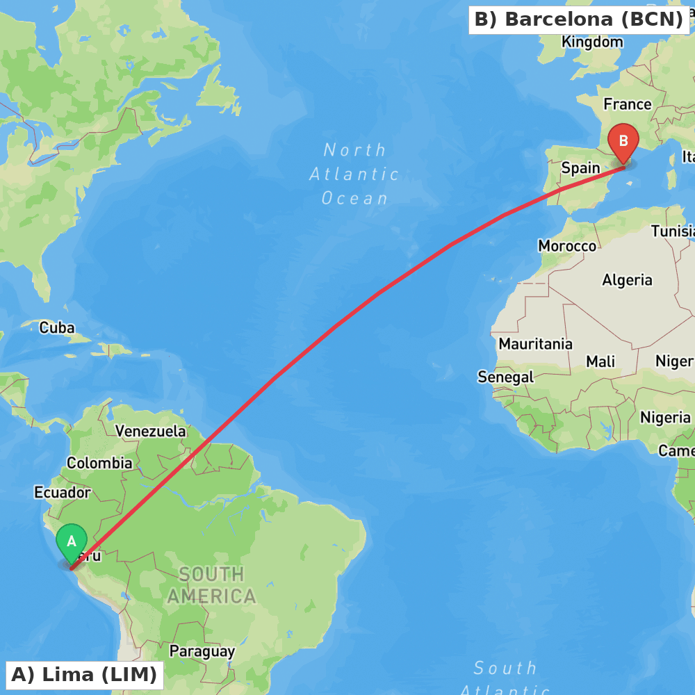 Flight route map from Lima to Barcelona