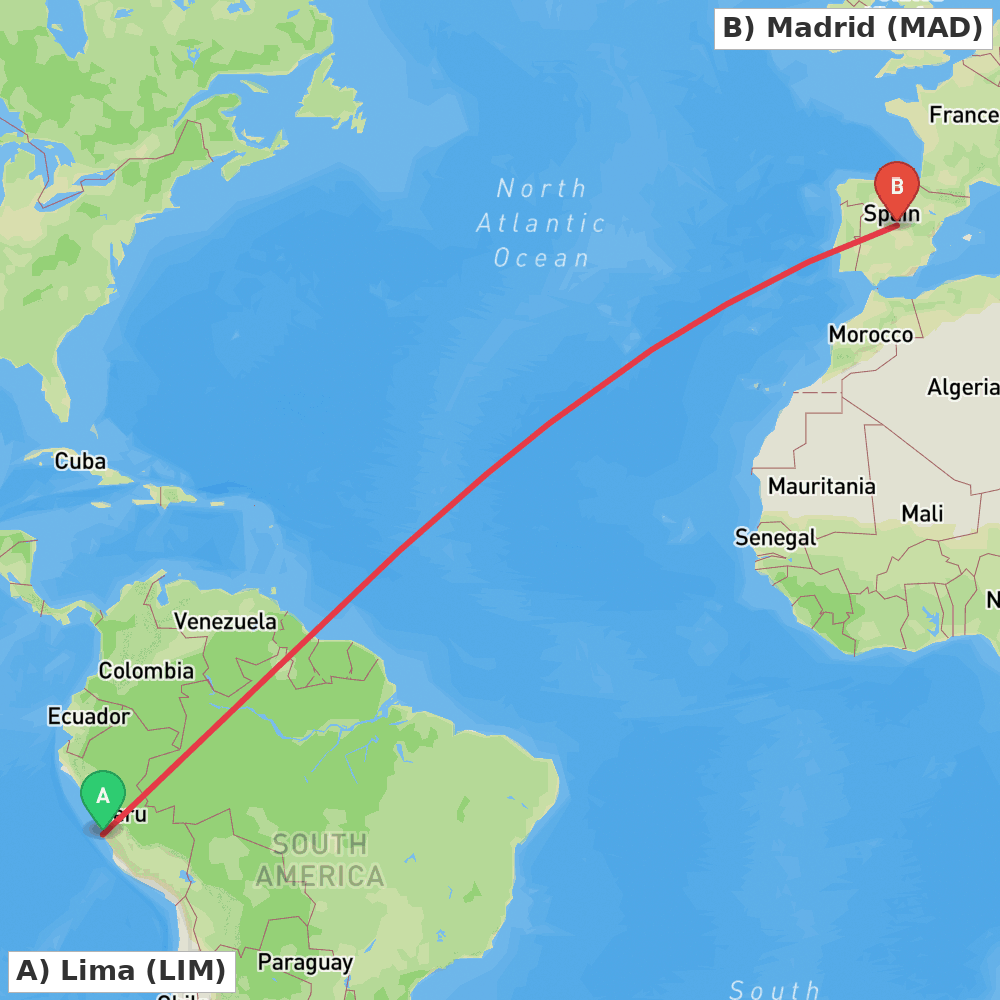 Flight route map from Lima to Madrid