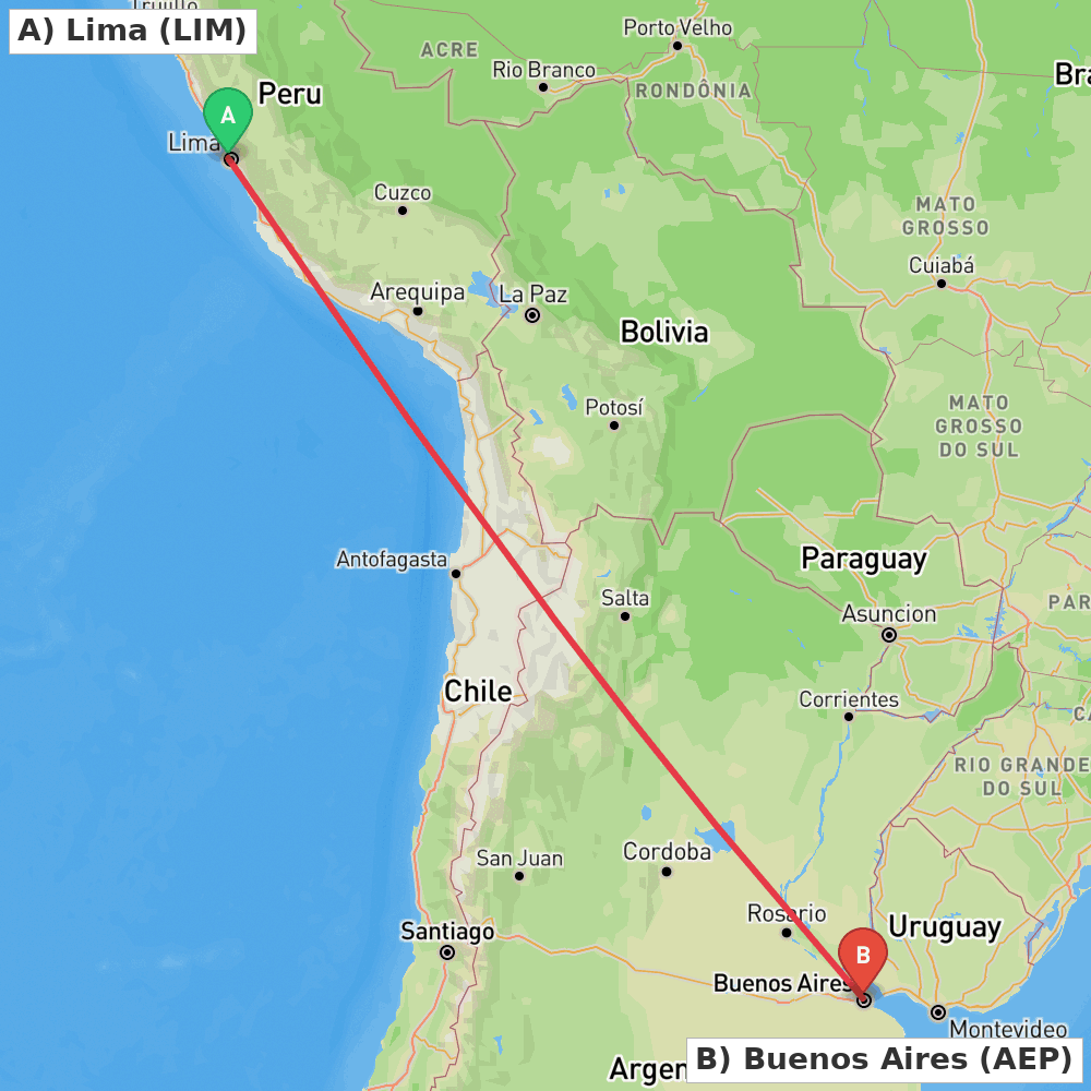 Flight route map from Lima to Buenos Aires
