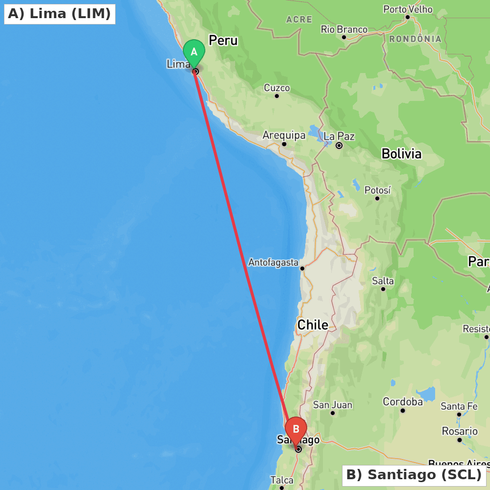 Flight route map from Lima to Santiago