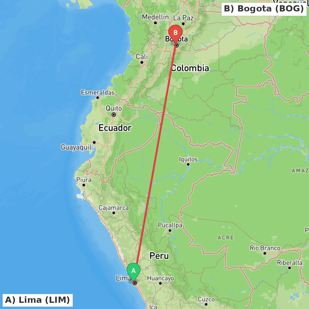 Flight route map from Lima to Bogota