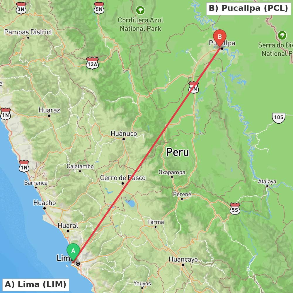 Flight route map from Lima to Pucallpa