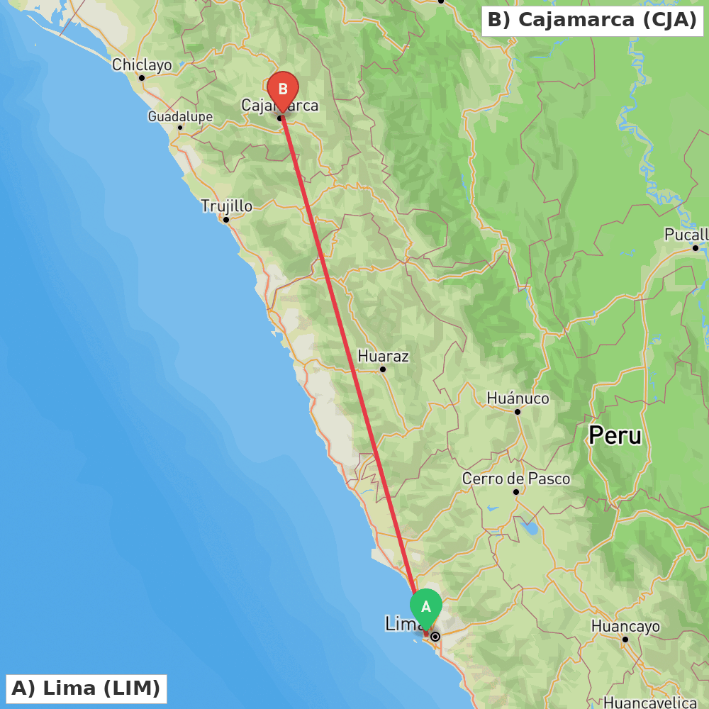 Flight route map from Lima to Cajamarca