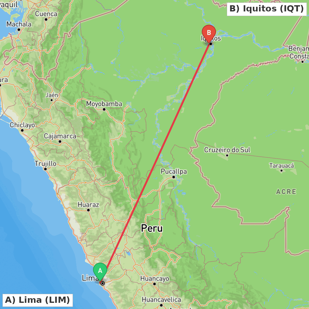 Flight route map from Lima to Iquitos