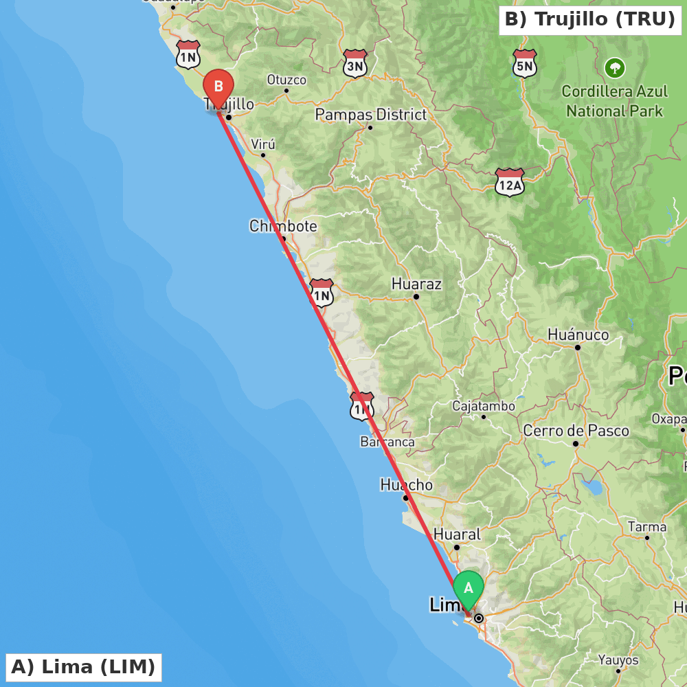 Flight route map from Lima to Trujillo