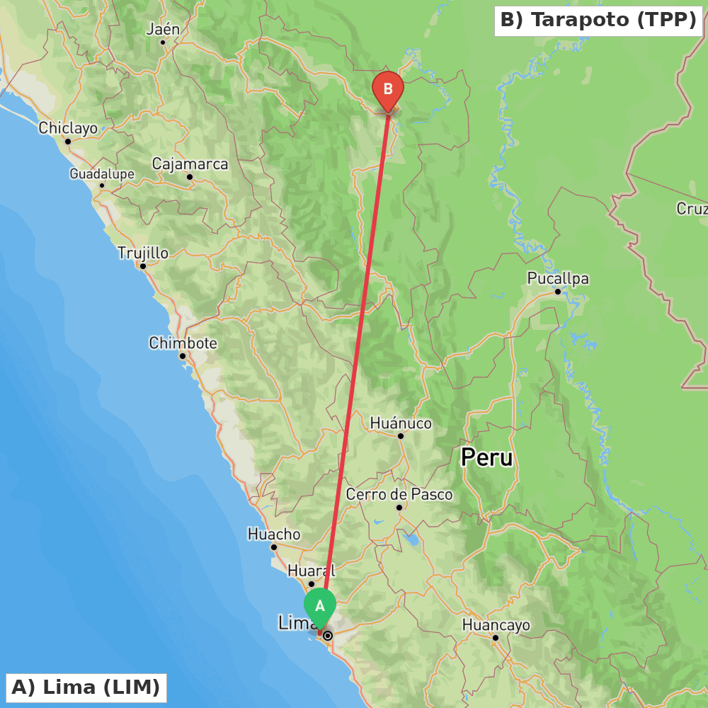 Flight route map from Lima to Tarapoto