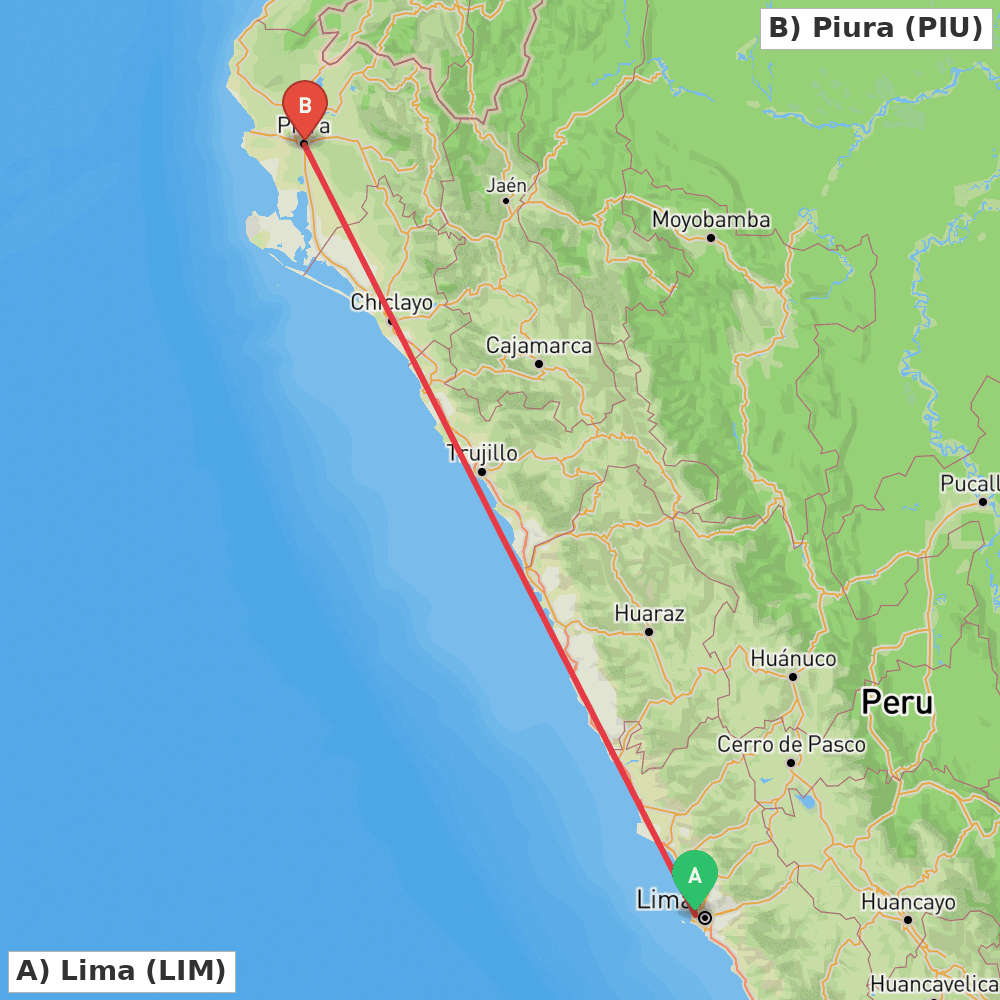 Flight route map from Lima to Piura