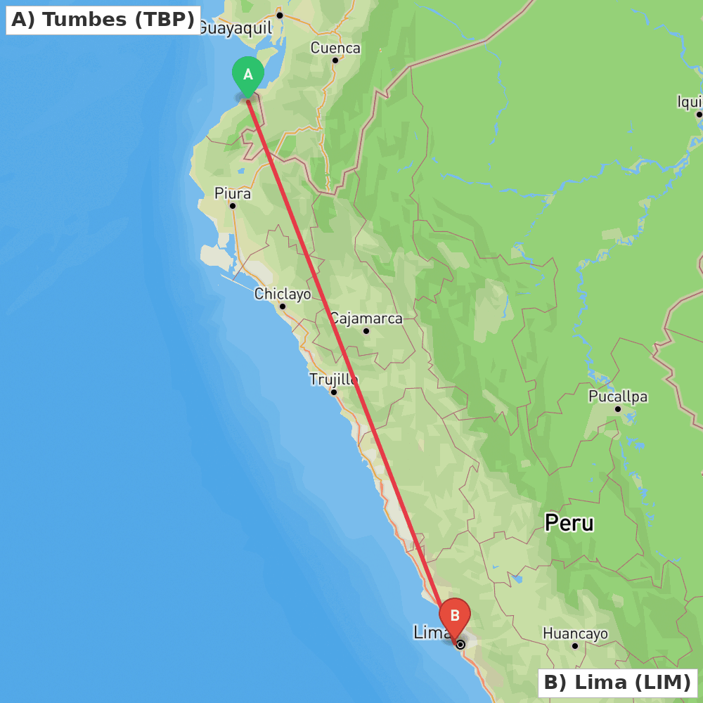 Flight route map from Tumbes to Lima