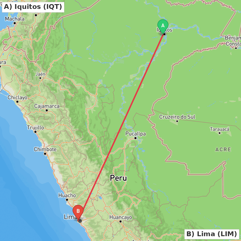 Flight route map from Iquitos to Lima