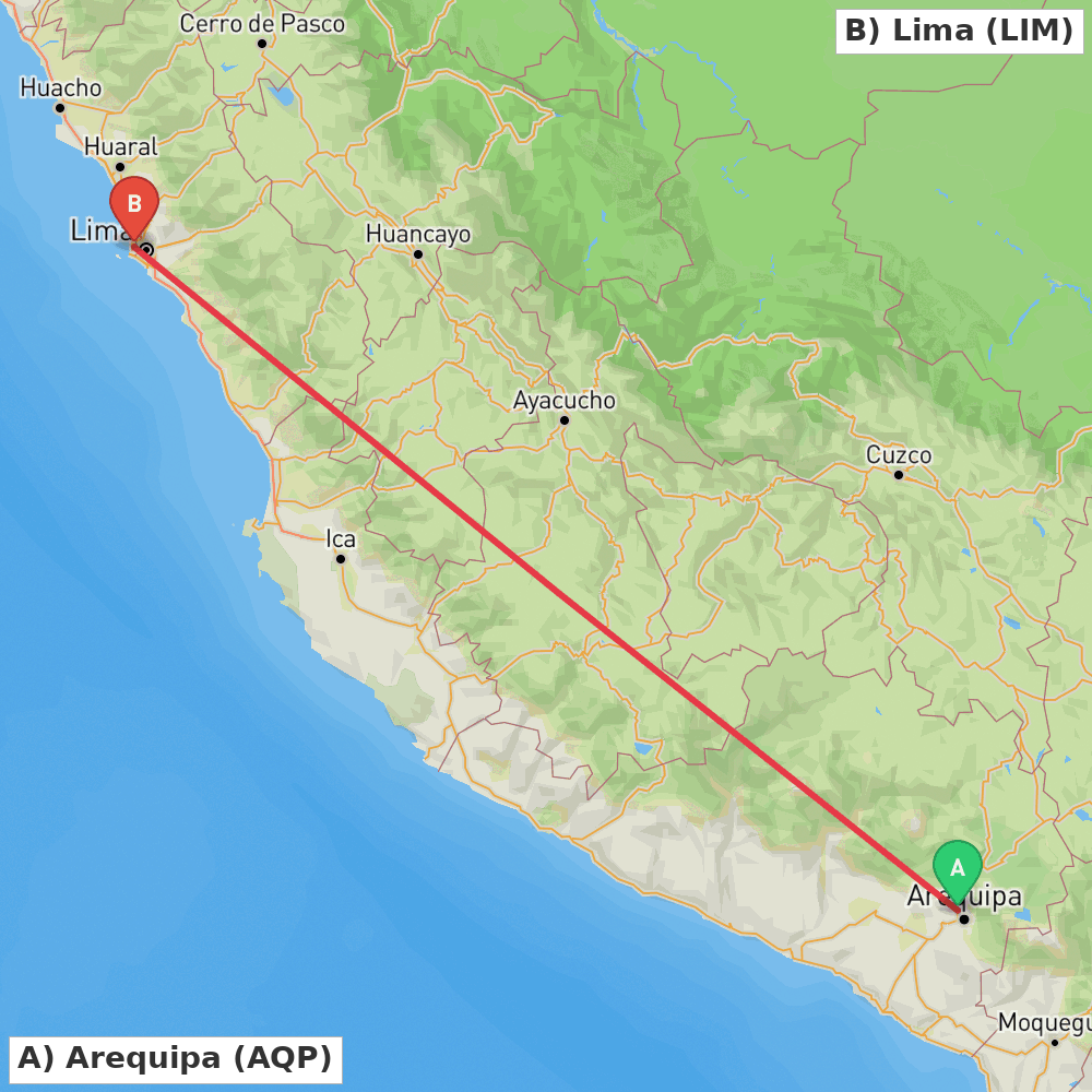 Flight route map from Arequipa to Lima