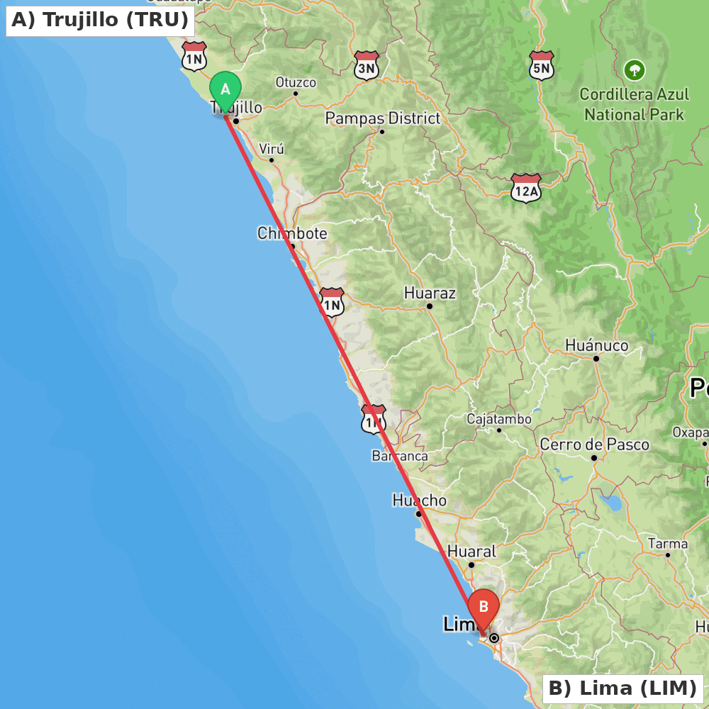 Flight route map from Trujillo to Lima