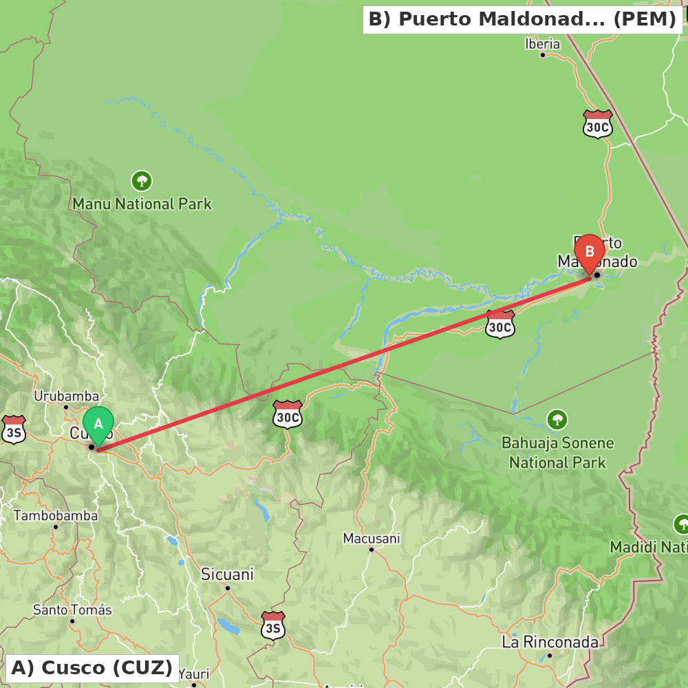 Flight route map from Cusco to Puerto Maldonado
