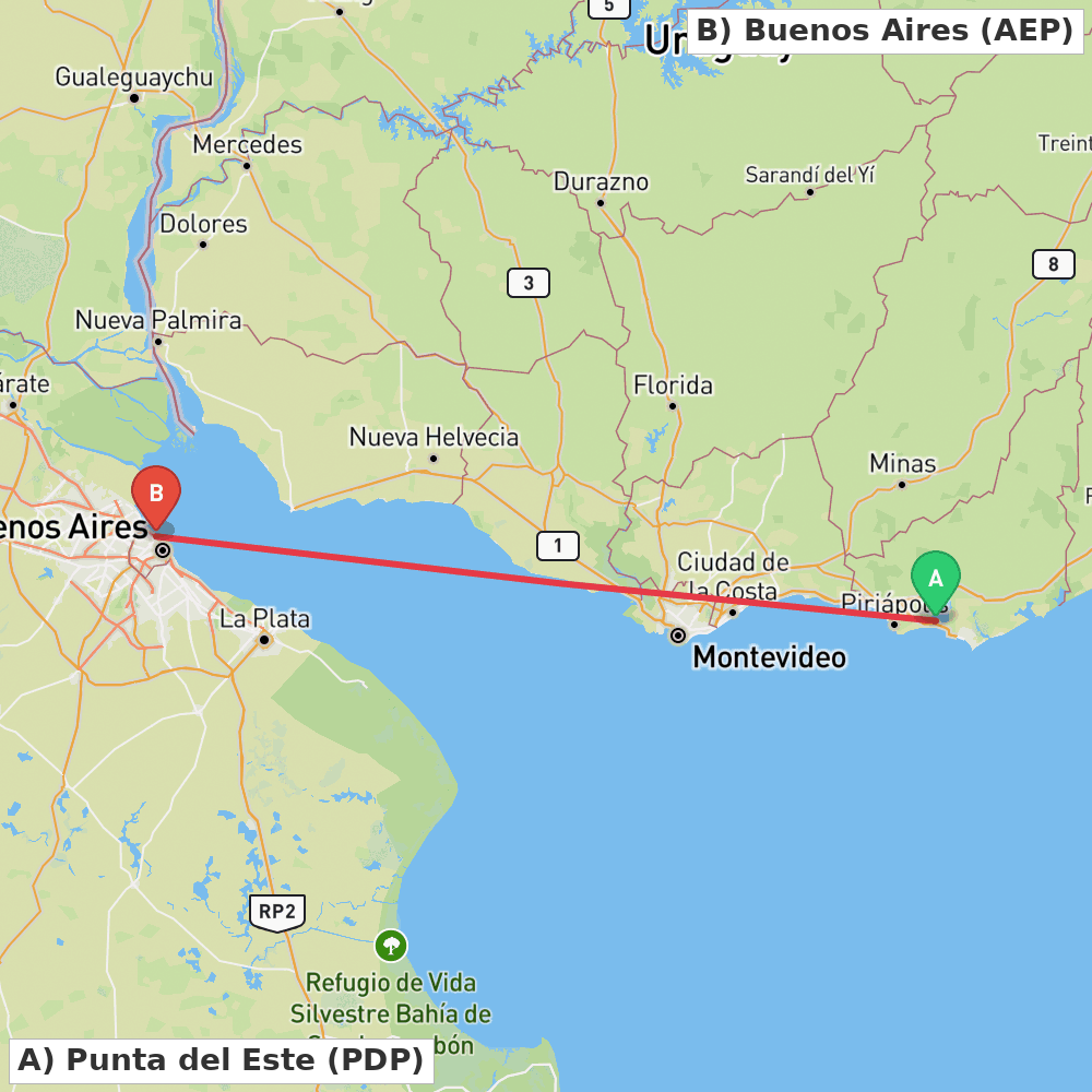 Flight route map from Punta del Este to Buenos Aires