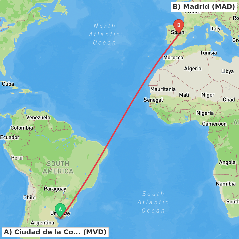 Flight route map from Ciudad de la Costa to Madrid